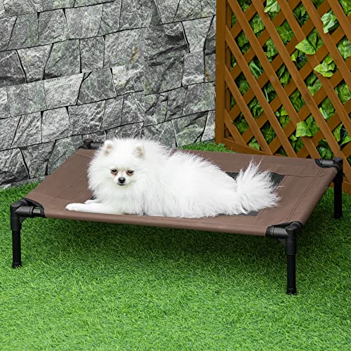 PawHut Cama Elevada para Perros Gatos Portátil Cama para Mascotas con Zona de Malla Transpirable y Tela Oxford Marco de Acero para Interior Exterior 76x61x18 cm Marrón