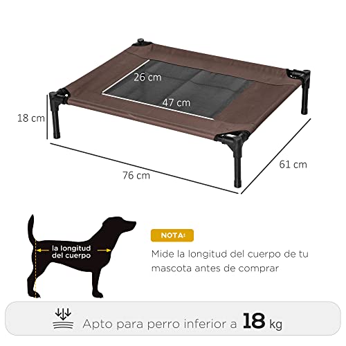 PawHut Cama Elevada para Perros Gatos Portátil Cama para Mascotas con Zona de Malla Transpirable y Tela Oxford Marco de Acero para Interior Exterior 76x61x18 cm Marrón