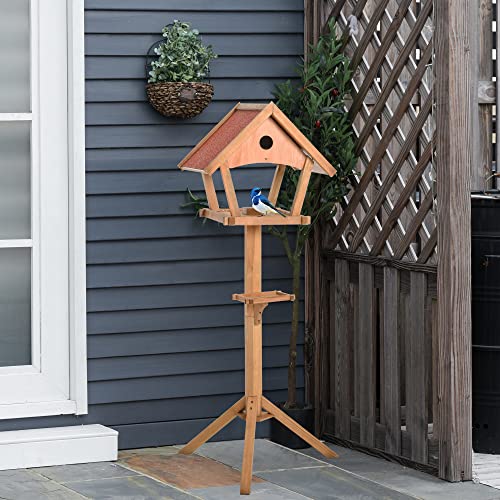Pawhut Comedero para Pájaros de Pie de Madera Maciza 49x45x139 cm con Techo Asfáltico Alimentador de Aves Silvestres para Exterior Jardín Natural