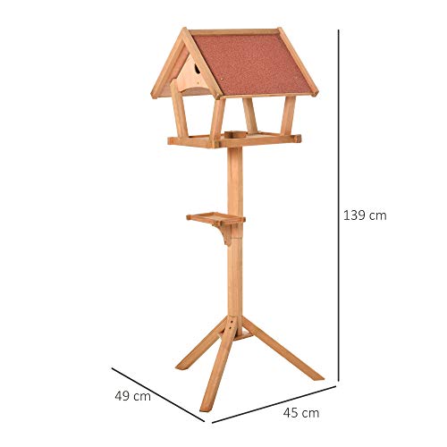 Pawhut Comedero para Pájaros de Pie de Madera Maciza 49x45x139 cm con Techo Asfáltico Alimentador de Aves Silvestres para Exterior Jardín Natural