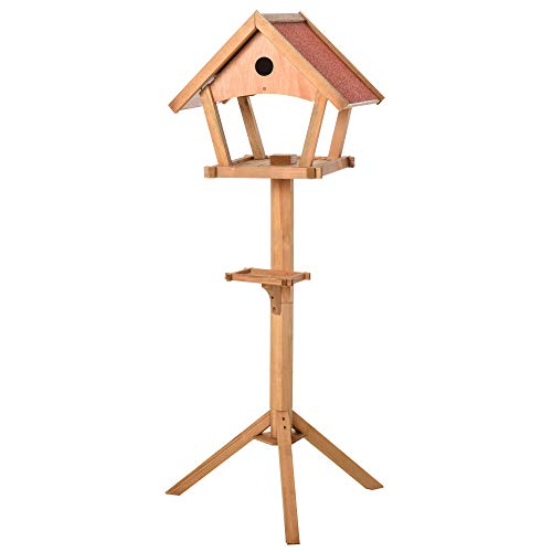 Pawhut Comedero para Pájaros de Pie de Madera Maciza 49x45x139 cm con Techo Asfáltico Alimentador de Aves Silvestres para Exterior Jardín Natural
