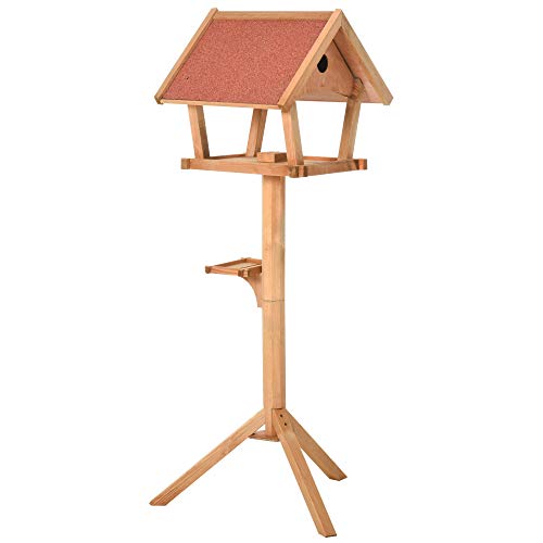 Pawhut Comedero para Pájaros de Pie de Madera Maciza 49x45x139 cm con Techo Asfáltico Alimentador de Aves Silvestres para Exterior Jardín Natural