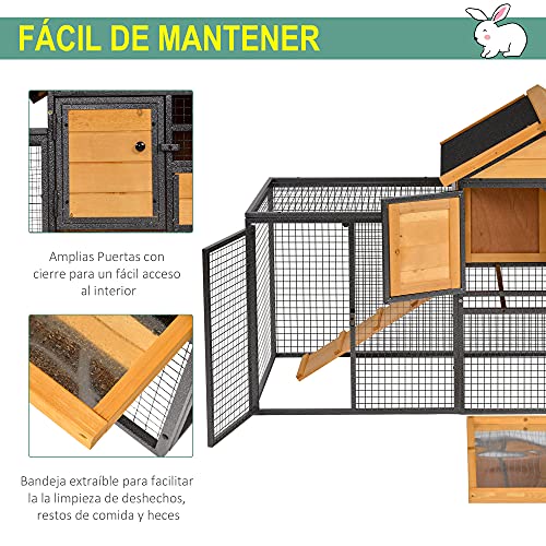 Pawhut Conejera de Exterior Jaula para Mascotas Pequeñas 2 Niveles con Rampa Bandeja Extraíble de Madera y Metal 122x63x92 cm para Conejos Cobayas Madera y Gris