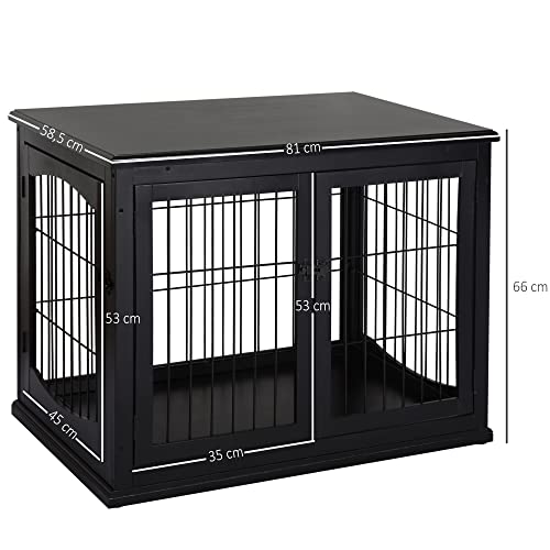 PawHut Jaula para Perros Grande de Madera con Superficie de Mesa 2 Puertas y Rejillas de Metal 58,5x81x66 cm Negro