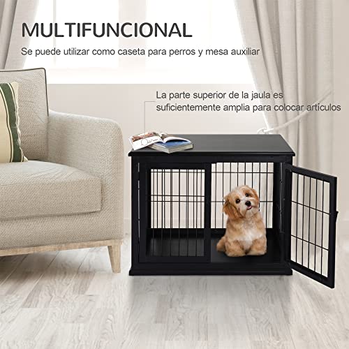 PawHut Jaula para Perros Grande de Madera con Superficie de Mesa 2 Puertas y Rejillas de Metal 58,5x81x66 cm Negro