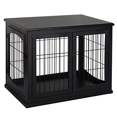 PawHut Jaula para Perros Grande de Madera con Superficie de Mesa 2 Puertas y Rejillas de Metal 58,5x81x66 cm Negro