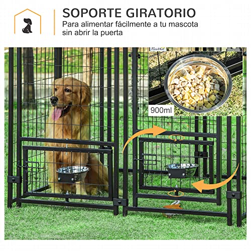 Pawhut Parque para Mascotas con Toldo de Tela Oxford Jaula para Perros 8 Vallas de Acero con 2 Comederos Giratorios Puerta y Cerradura para Jardín Exterior 120x120x138 cm Negro