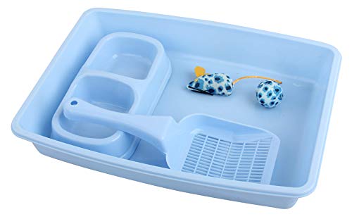PAWISE Kit de iniciación para gatos de Kitty, incluye 4 piezas, bandeja para arena para gatos, cuenco para gatos, juguete para gatos, 35 x 25 cm, color azul