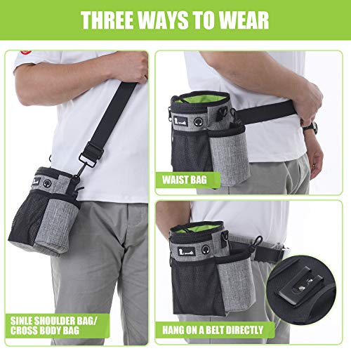 Pecute Bolsa de Entrenamiento para Perros Impermeable con Bolsa para Botella de Agua, Ajustable Bandolera, Cinturón y Pinza de Cinturón, con Tazón Plegable, Clickers de Entrenamiento y Bolsa Caca Gris