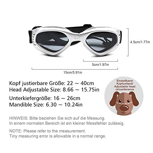 PEDOMUS - Gafas de Sol para Perros, Correas Ajustables para Gafas de Sol UV, Impermeables, protección para Perros pequeños y medianos, Color Blanco