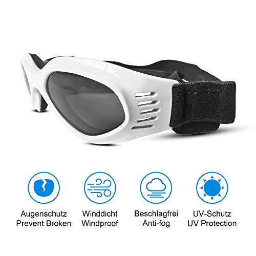 PEDOMUS - Gafas de Sol para Perros, Correas Ajustables para Gafas de Sol UV, Impermeables, protección para Perros pequeños y medianos, Color Blanco