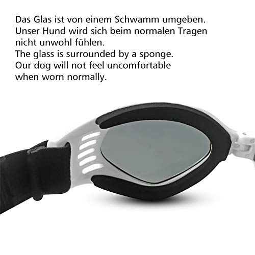 PEDOMUS - Gafas de Sol para Perros, Correas Ajustables para Gafas de Sol UV, Impermeables, protección para Perros pequeños y medianos, Color Blanco