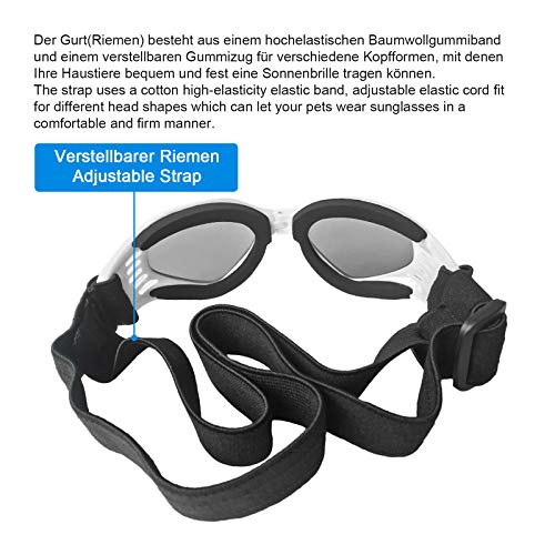 PEDOMUS - Gafas de Sol para Perros, Correas Ajustables para Gafas de Sol UV, Impermeables, protección para Perros pequeños y medianos, Color Blanco