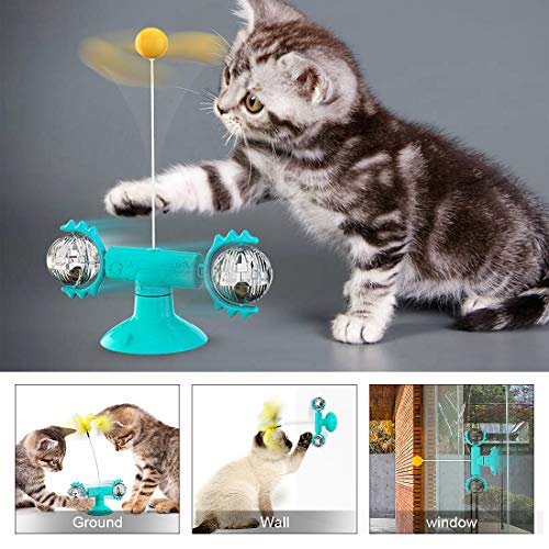 peinat 360°Giratorio Juguetes para Gatos Interactivos, Hierba Gatera Juguete Gato de Molino de Viento, Juguetes Gatos con Ventosa, Juguetes Gato con Pluma y Bola Interactivas
