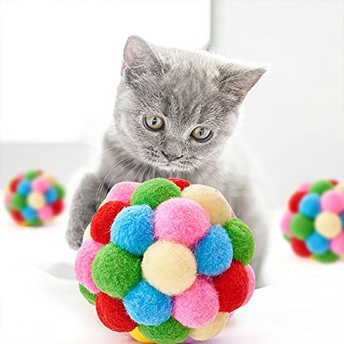 Pelota de Juguete de Gatos,Yueser 6 Piezas Bolas de Gato Bolas de Peluche y 2 Coloridos Pompones Balls con Campana y Pluma Bolas de Peluche Mullidas para Juguete Interactivo
