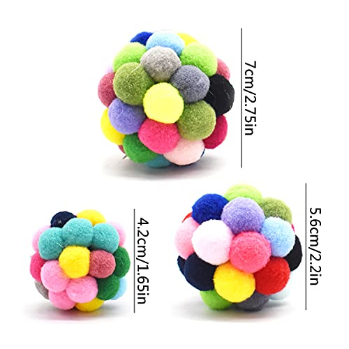 Pelota de Juguete de Gatos,Yueser 6 Piezas Bolas de Gato Bolas de Peluche y 2 Coloridos Pompones Balls con Campana y Pluma Bolas de Peluche Mullidas para Juguete Interactivo