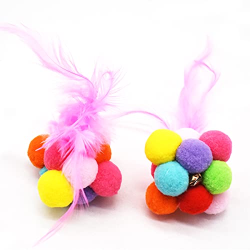 Pelota de Juguete de Gatos,Yueser 6 Piezas Bolas de Gato Bolas de Peluche y 2 Coloridos Pompones Balls con Campana y Pluma Bolas de Peluche Mullidas para Juguete Interactivo
