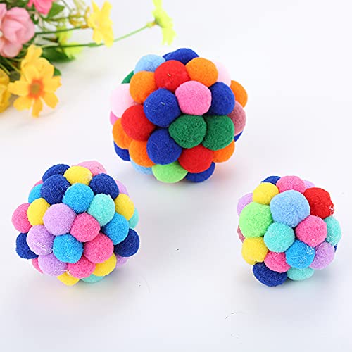 Pelota de Juguete de Gatos,Yueser 6 Piezas Bolas de Gato Bolas de Peluche y 2 Coloridos Pompones Balls con Campana y Pluma Bolas de Peluche Mullidas para Juguete Interactivo