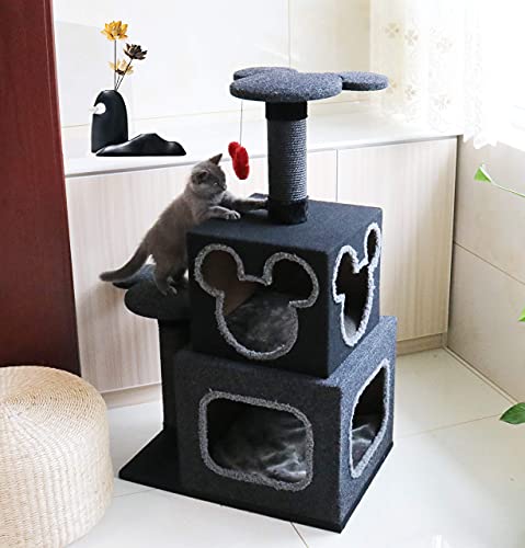 Penn-Plax Disney Cubical Cat Condo con torres de descanso, postes rascadores de sisal, y juguetes Swatting – Trae la magia de Disney a tu hogar – Gris