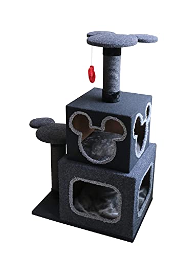 Penn-Plax Disney Cubical Cat Condo con torres de descanso, postes rascadores de sisal, y juguetes Swatting – Trae la magia de Disney a tu hogar – Gris