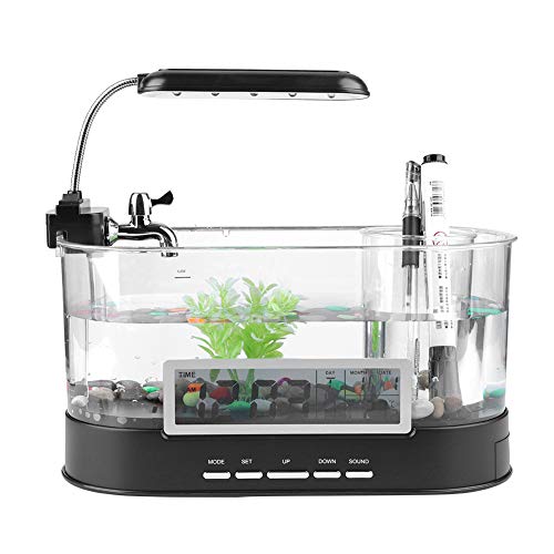 Pequeño Tanque de Peces Betta, Mini USB Recargable Multifuncional Mini Tanque de Peces Acuario Electrónico con Función de Reloj para Regalo para la Decoración del Hogar(Negro)