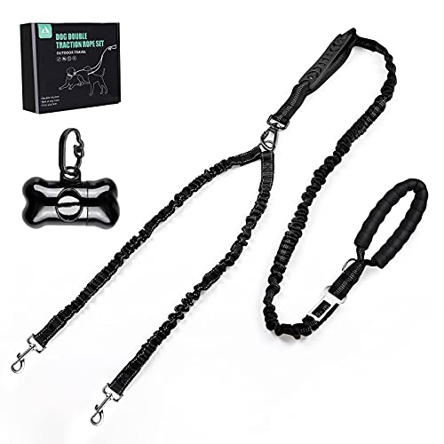 Petbank Correa Perro, Correa Perro Extensible, Reflexivo Anti-tirón Correa Doble Perro Resistentes, Asa Acolchada, Dispensador de Bolsas de Residuos, 360° sin Enredos, M