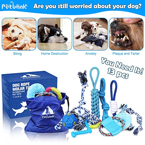 Petbank, Juguetes para Perros, 13 Piezas Juguete para Mordedor Perro, Masticar Juguete Adecuado para Perros Pequeñosy Medianos, Juguete Antiestres Perro, Juguetes Interactivos de Cuerda de Perro