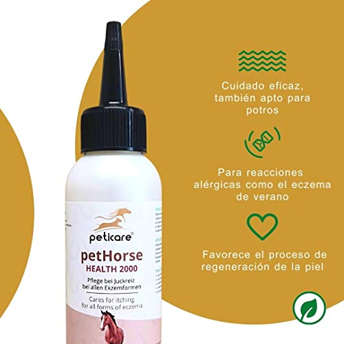 Peticare Caballo Locion contra Dermatitis Atopica y Eczema Verano - Tratamiento Eficaz de Piel Irritada, Detiene Picores Fuerte, Productos de Cuidado - petHorse Health 2000