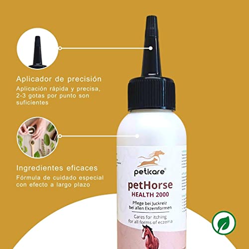 Peticare Caballo Locion contra Dermatitis Atopica y Eczema Verano - Tratamiento Eficaz de Piel Irritada, Detiene Picores Fuerte, Productos de Cuidado - petHorse Health 2000