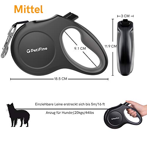 PetiFine Correa enrollable de 5 m, resistente, extensible, reflectante, con 1 dispensador, 60 bolsas para excrementos, mango antideslizante, para perros medianos (M, 20 kg, negro)