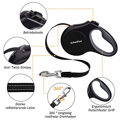 PetiFine Correa enrollable de 5 m, resistente, extensible, reflectante, con 1 dispensador, 60 bolsas para excrementos, mango antideslizante, para perros medianos (M, 20 kg, negro)