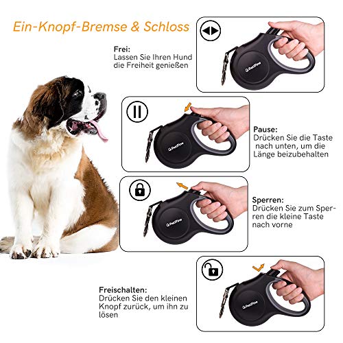 PetiFine Correa enrollable de 5 m, resistente, extensible, reflectante, con 1 dispensador, 60 bolsas para excrementos, mango antideslizante, para perros medianos (M, 20 kg, negro)