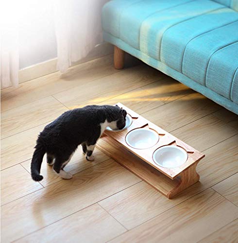 Petilleur Cuenco Elevado para Gatos Perros Comedero Gato Perro Elevado con Soporte de Madera (3 Cuenco, Cerámica)