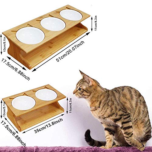Petilleur Cuenco Elevado para Gatos Perros Comedero Gato Perro Elevado con Soporte de Madera (3 Cuenco, Cerámica)