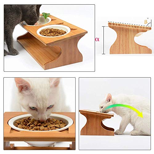 Petilleur Cuenco Elevado para Gatos Perros Comedero Gato Perro Elevado con Soporte de Madera (3 Cuenco, Cerámica)