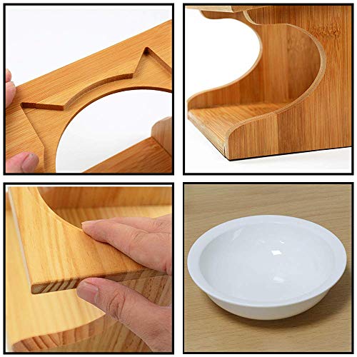 Petilleur Cuenco Elevado para Gatos Perros Comedero Gato Perro Elevado con Soporte de Madera (3 Cuenco, Cerámica)