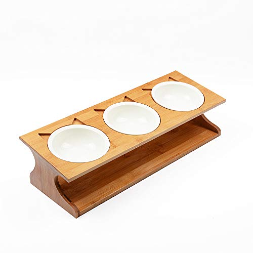 Petilleur Cuenco Elevado para Gatos Perros Comedero Gato Perro Elevado con Soporte de Madera (3 Cuenco, Cerámica)