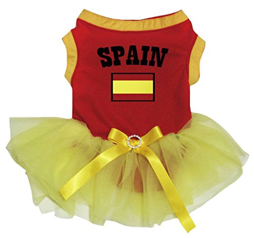 Petitebelle Ropa de perro cachorro Bandera de España Rojo Algodón Top Amarillo Tutú Vestido (Mediano, Rojo)