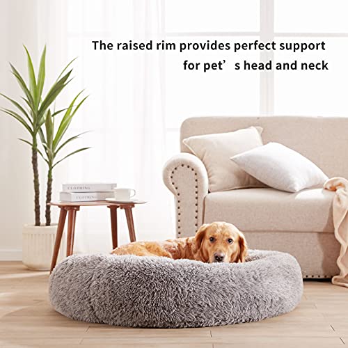 PETORREY Cama de perro calmante redonda Donut Cuddler Calentamiento y cómoda cama para mascotas antiansiedad piel sintética mullida cama para gato, ultra suave lavable