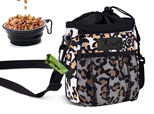 Petotw Bolsa premios Perro con Dispensador De Bolsas De Caca, Bolsa de Entrenamiento para Perros,uenco Plegable Gratis, Bolsa De Golosinas para Perros para Comida, 4 Formas De Usar (Leopardo)