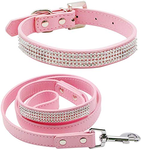Petsoigné Set Collar y Correa para Perros Gatos Collar Correa Rosa para Perro Pequeño y Mediano (M)