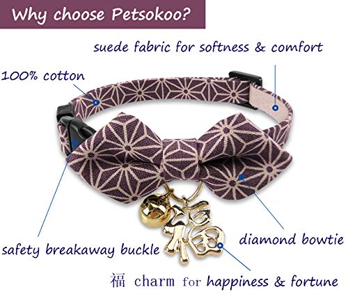 PetSoKoo Collar con lazo en forma de diamante con campana, colgante de la suerte de Japón, estampado de hoja de cáñamo astringente, suave, para Gril Boy Male Female Adult Gatos, morado