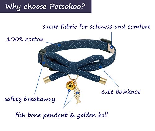 PetSoKoo Lindo collar de gato con campana. Elegante lazo japonés y encanto de pescado. Escapada de seguridad, suave, ligero, para niña, niño, macho, hembra, gatito, azul marino