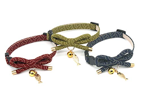 PetSoKoo Lindo collar de gato con campana. Elegante lazo japonés y encanto de pescado. Escapada de seguridad, suave, ligero, para niña, niño, macho, hembra, gatito, azul marino