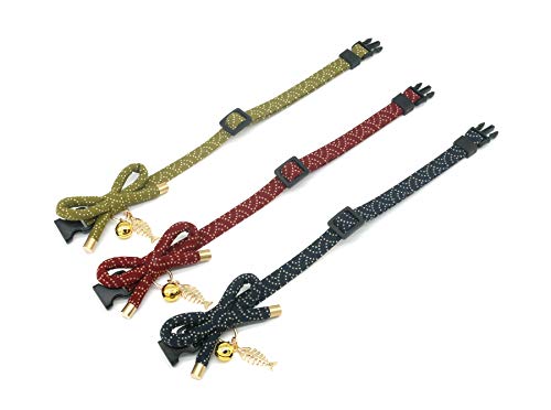 PetSoKoo Lindo collar de gato con campana. Elegante lazo japonés y encanto de pescado. Escapada de seguridad, suave, ligero, para niña, niño, macho, hembra, gatito, azul marino