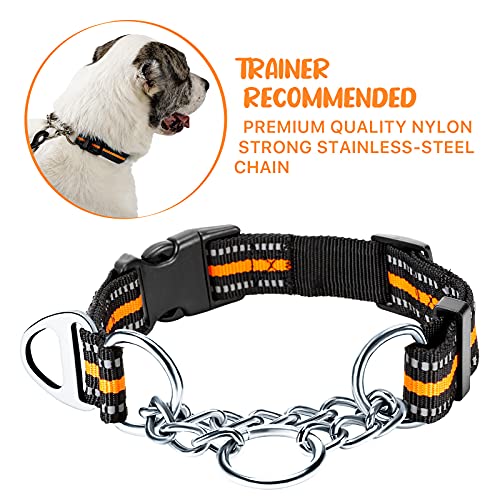 PETTOM Collar para Perros con Cierre de Seguridad, Collar Ancho Nylon Ajustable y Reflectante, Collar Perro Mediano, Grande y Pequeño Resistente (Naranja, S)