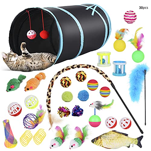 PETTOM Juguetes para Gatos 30 Piezas Juguete Interactivo con Plumas para Gatito Juguetes para Gatos con Plumas Túnel Set di Juguetes Muelle Gato para Gatita Interactivo Ratones