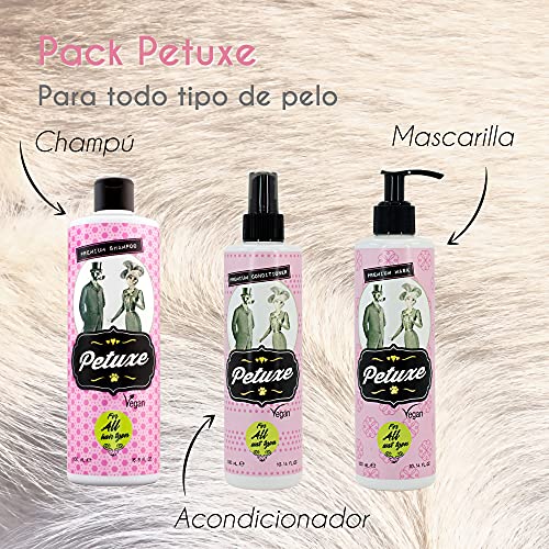 Petuxe Pack para Mascotas Champú + Mascarilla + Acondicionador. Champú Gatos. Todas Las Razas. Todo Tipo de Pelo - Vegano. Lava en Profundidad. con Vitamina E
