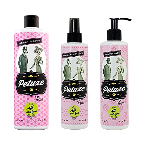 Petuxe Pack para Mascotas Champú + Mascarilla + Acondicionador. Champú Gatos. Todas Las Razas. Todo Tipo de Pelo - Vegano. Lava en Profundidad. con Vitamina E