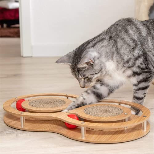Pfotenolymp Juguete Interactivo Gato de Madera – Juguetes para Gatos de Cartón Corrugado – Rascador Gato Cartón – Rascador Gato – Juguete con Pelota de Juego y Hierba Gatera